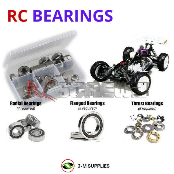 Representative image of an RCScrewZ rubber-sealed bearing kit for Mugen Seiki MBX-5R/Prospec 1/8 Nitro Buggy; exact bearing sizes and quantities vary by RC model.