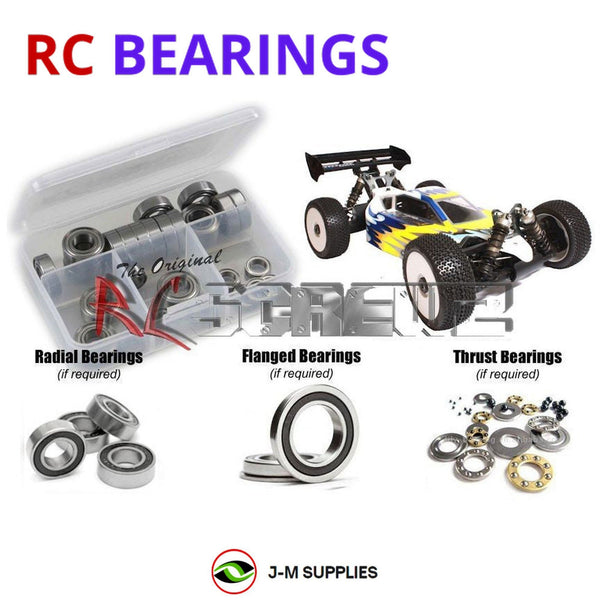 Representative image of an RCScrewZ rubber-sealed bearing kit for Mugen Seiki MBX-6 ECO 1/8th E0070; exact bearing sizes and quantities vary by RC model.