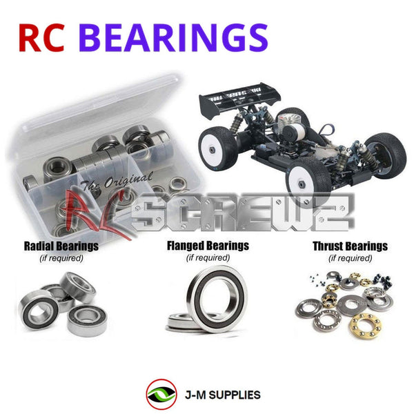 Representative image of an RCScrewZ rubber-sealed bearing kit for Mugen Seiki MBX8 Nitro 1/8 (#E2021); exact bearing sizes and quantities vary by RC model.