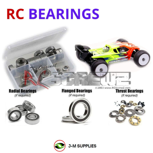 Representative image of an RCScrewZ rubber-sealed bearing kit for Mugen Seiki MBX8T Nitro 1/8 E2023; exact bearing sizes and quantities vary by RC model.