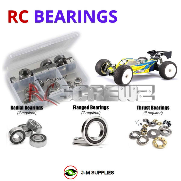 Representative image of an RCScrewZ rubber-sealed bearing kit for Mugen Seiki MBX8TR 1/8 Nitro 4WD Truggy (#E2029); exact bearing sizes and quantities vary by RC model.