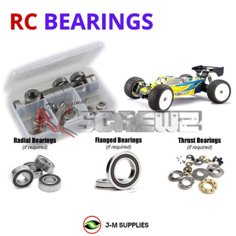 Representative image of an RCScrewZ rubber-sealed bearing kit for Mugen Seiki MBX8TR 1/8 Nitro 4WD Truggy (#E2029); exact bearing sizes and quantities vary by RC model.