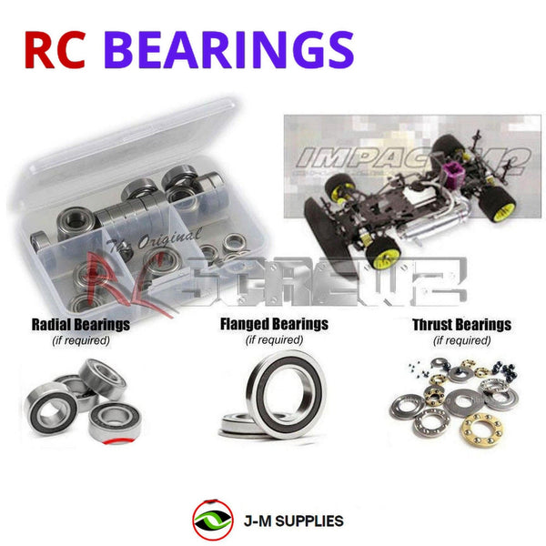Representative image of an RCScrewZ rubber-sealed bearing kit for Serpent Impact M2 4WD 1/10 Nitro Car (#808060); exact bearing sizes and quantities vary by RC model.