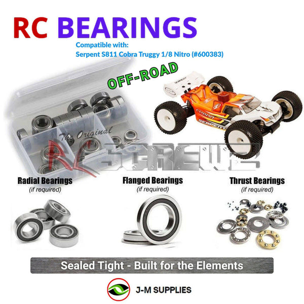Representative image of an RCScrewZ rubber-sealed bearing kit for Serpent S811 Cobra Truggy 1/8 Nitro (#600383); exact bearing sizes and quantities vary by RC model.