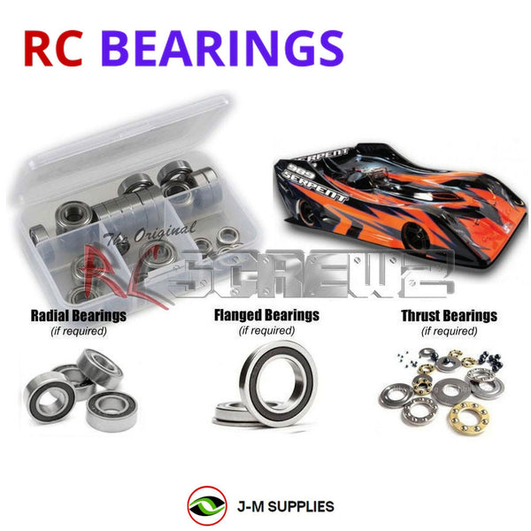 Representative image of an RCScrewZ rubber-sealed bearing kit for Serpent Viper 989e Onroad 4WD 1/8 EP (#904005); exact bearing sizes and quantities vary by RC model.