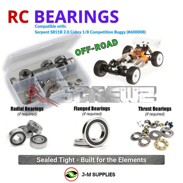 Representative image of an RCScrewZ rubber-sealed bearing kit for Serpent S811B 2.0 Cobra 1/8 Nitro Competition Buggy (#600008); exact bearing sizes and quantities vary by RC model.