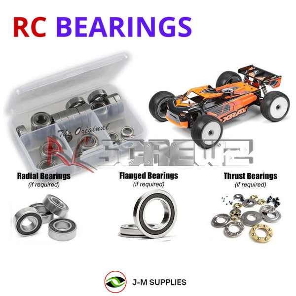Representative image of an RCScrewZ rubber-sealed bearing kit for Team XRAY XT8 2024 Nitro 1/8th Racing Truggy (#350206); exact bearing sizes and quantities vary by RC model.