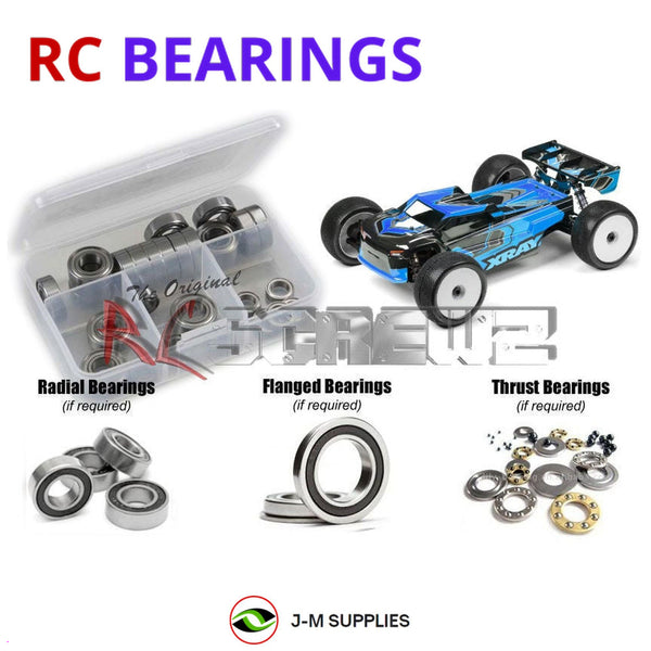 Representative image of an RCScrewZ rubber-sealed bearing kit for Team XRAY XT8e 2024 1/8 Racing Truggy (#350302); exact bearing sizes and quantities vary by RC model.