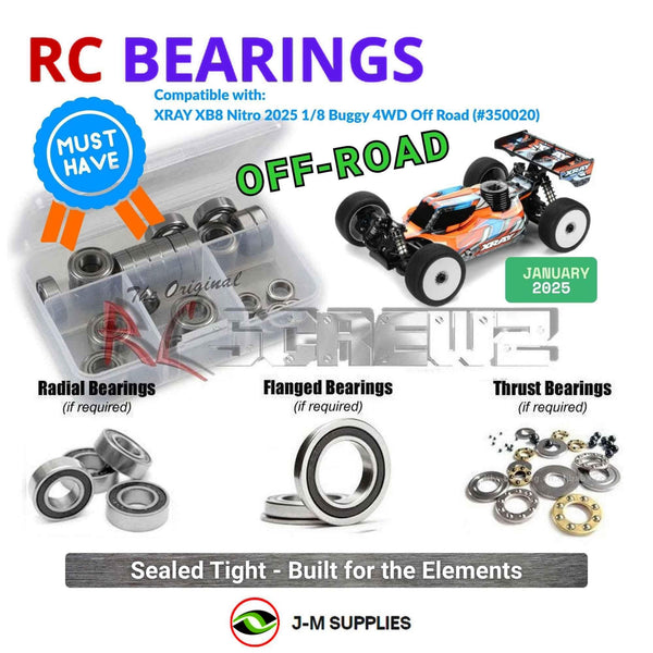 Representative image of an RCScrewZ rubber-sealed bearing kit for XRAY XB8 Nitro 2025 1/8 Buggy 4WD Off Road (#350020); exact bearing sizes and quantities vary by RC model.