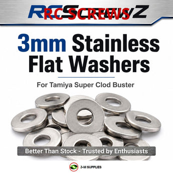 J-M SUPPLIES RC Parts Store - RCScrewZ Stainless 3mm Flat Washer (100 Pack) for Tamiya Super Clod Buster (#58321) | SET