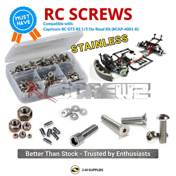 Representative image of an RCScrewZ stainless steel screw kit for Capricorn RC GT5 RS 1/5 On‑Road Kit (#CAP‑4001‑K); exact kit contents vary by RC model.