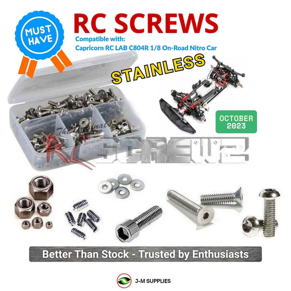 Representative image of an RCScrewZ stainless steel screw kit for Capricorn RC LAB C804R 1/8 On-Road Nitro Car; exact kit contents vary by RC model.
