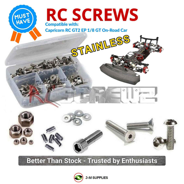Representative image of an RCScrewZ stainless steel screw kit for Capricorn RC GT2 EP 1/8 GT On‑Road Car; exact kit contents vary by RC model.