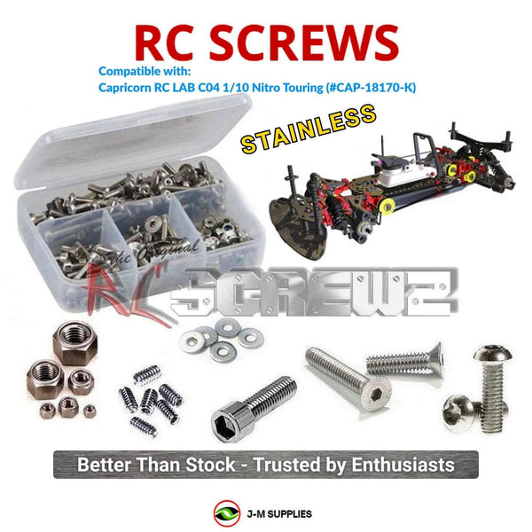 Representative image of an RCScrewZ stainless steel screw kit for Capricorn RC LAB C04 1/10 Nitro Touring (#CAP-18170-K); exact kit contents vary by RC model.