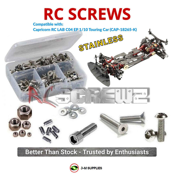Representative image of an RCScrewZ stainless steel screw kit for Capricorn RC LAB C04 EP 1/10 Touring Car (CAP-18265-K); exact kit contents vary by RC model.