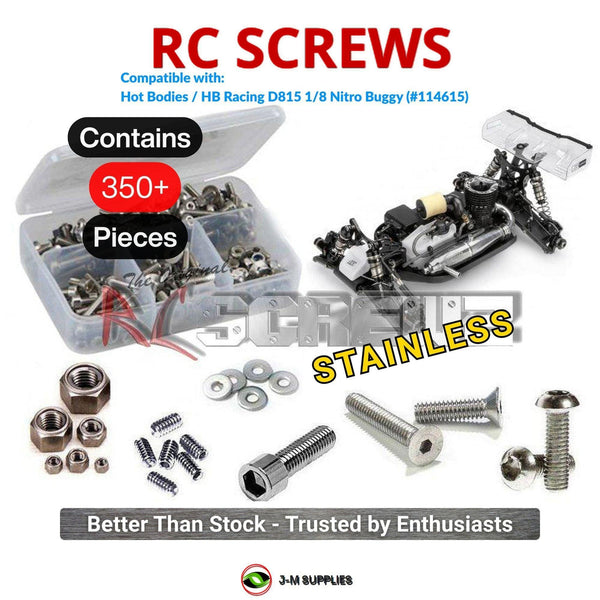 Representative image of an RCScrewZ stainless steel screw kit for Hot Bodies / HB Racing D815 1/8 Nitro Buggy (#114615); exact kit contents vary by RC model.