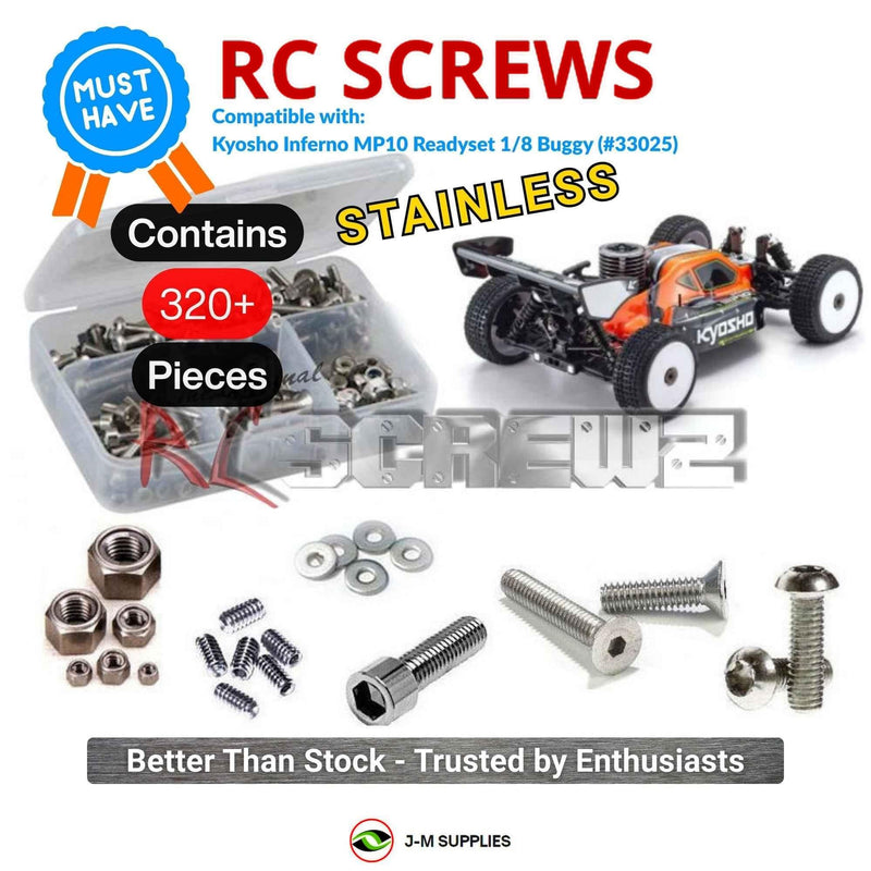 Representative image of an RCScrewZ stainless steel screw kit for Kyosho Inferno MP10 Readyset 1/8 Nitro Buggy (#33025); exact kit contents vary by RC model.