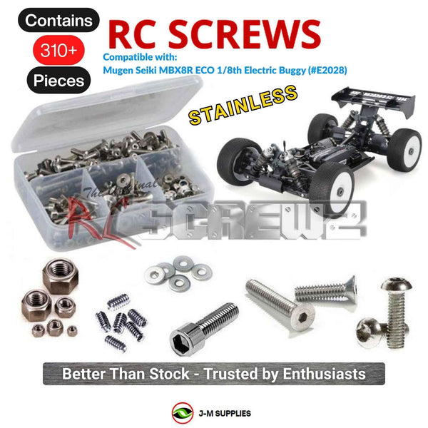 Representative image of an RCScrewZ stainless steel screw kit for Mugen Seiki MBX8R ECO 1/8th 4WD Electric Buggy Kit (#E2028); exact kit contents vary by RC model.