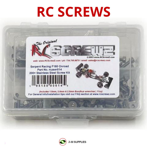 Representative image of an RCScrewZ stainless steel screw kit for Serpent F-180 Nitro 1/8th #300001; exact kit contents vary by RC model.