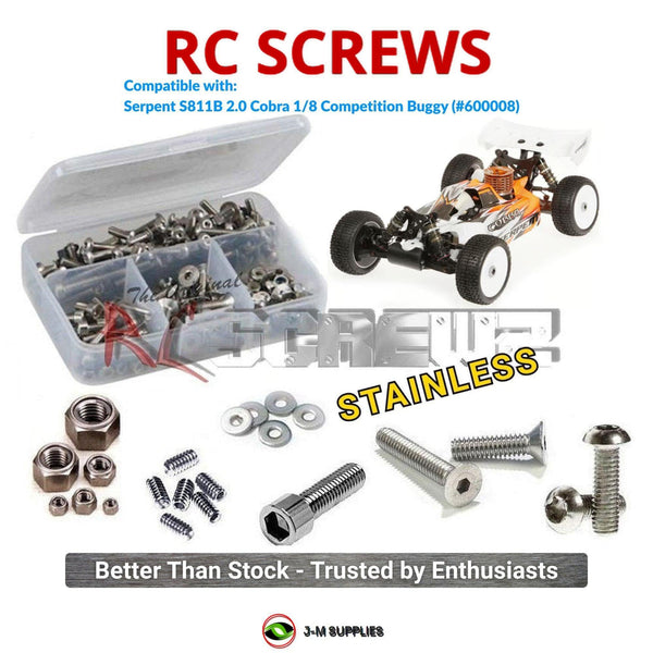 Representative image of an RCScrewZ stainless steel screw kit for Serpent S811B 2.0 Cobra 1/8 Nitro Competition Buggy (#600008); exact kit contents vary by RC model.