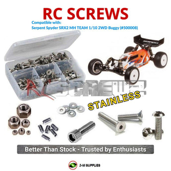 Representative image of an RCScrewZ stainless steel screw kit for Serpent Spyder SRX2 MH TEAM 1/10 2WD Buggy (#500008); exact kit contents vary by RC model.