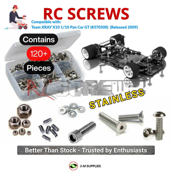 Representative image of an RCScrewZ stainless steel screw kit for XRAY X10 1/10 Pan Car GT (#370500) (Released in 2009); exact kit contents vary by RC model.