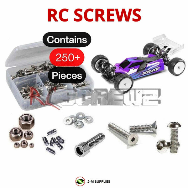 Representative image of an RCScrewZ stainless steel screw kit for Team XRAY XB4 2024 Carpet/Dirt 1/10 Buggy (360014/360015); exact kit contents vary by RC model.