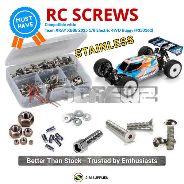 Representative image of an RCScrewZ stainless steel screw kit for Team XRAY XB8E 2025 1/8th Electric 4WD Buggy (#350162); exact kit contents vary by RC model.
