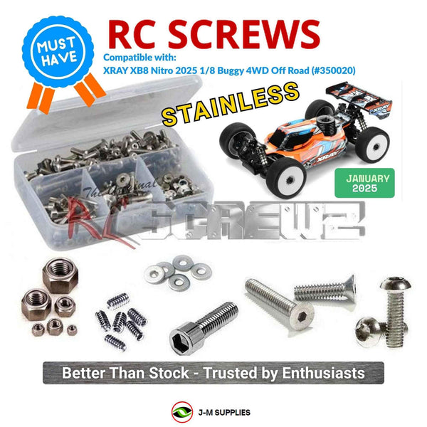 Representative image of an RCScrewZ stainless steel screw kit for XRAY XB8 Nitro 2025 1/8 Buggy 4WD Off Road (#350020); exact kit contents vary by RC model.
