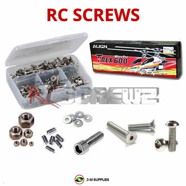 Representative image of an RCScrewZ stainless steel screw kit for Align T-REX 600N 600-Class Nitro Helicopter (KX0160NPTL); exact kit contents vary by RC model.
