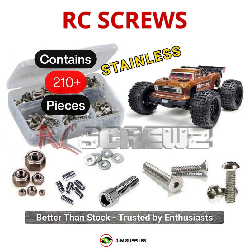 Representative image of an RCScrewZ stainless steel screw kit for ARRMA OUTCAST 4S BLX 1/10 Electric 4WD Stunt Truck (ARA102692); exact kit contents vary by RC model.