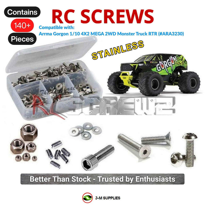 Representative image of an RCScrewZ stainless steel screw kit for ARRMA GORGON MEGA 550 1/10 2WD MT (ARA3230); exact kit contents vary by RC model.