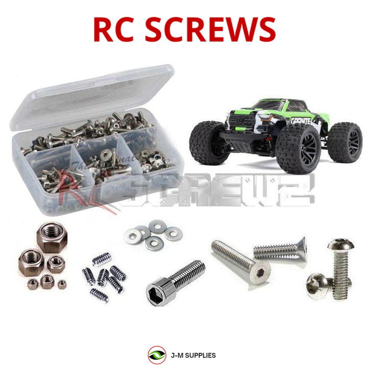 Representative image of an RCScrewZ stainless steel screw kit for ARRMA GRANITE GROM 1/18 4WD MT (ARA2102); exact kit contents vary by RC model.