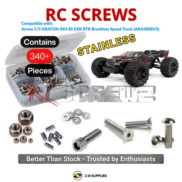 Representative image of an RCScrewZ stainless steel screw kit for ARRMA KRATON 8S EXB V2 1/5 4WD MT (ARA5808V2); exact kit contents vary by RC model.