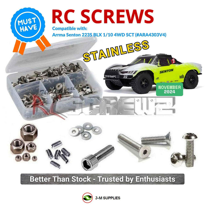 Representative image of an RCScrewZ stainless steel screw kit for ARRMA SENTON 223S BLX 1/10 4WD SCT (ARA4303V4); exact kit contents vary by RC model.