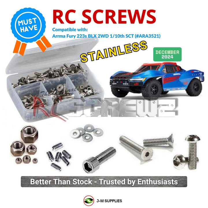 Representative image of an RCScrewZ stainless steel screw kit for ARRMA FURY 223S BLX 1/10 2WD SCT (ARA3521); exact kit contents vary by RC model.