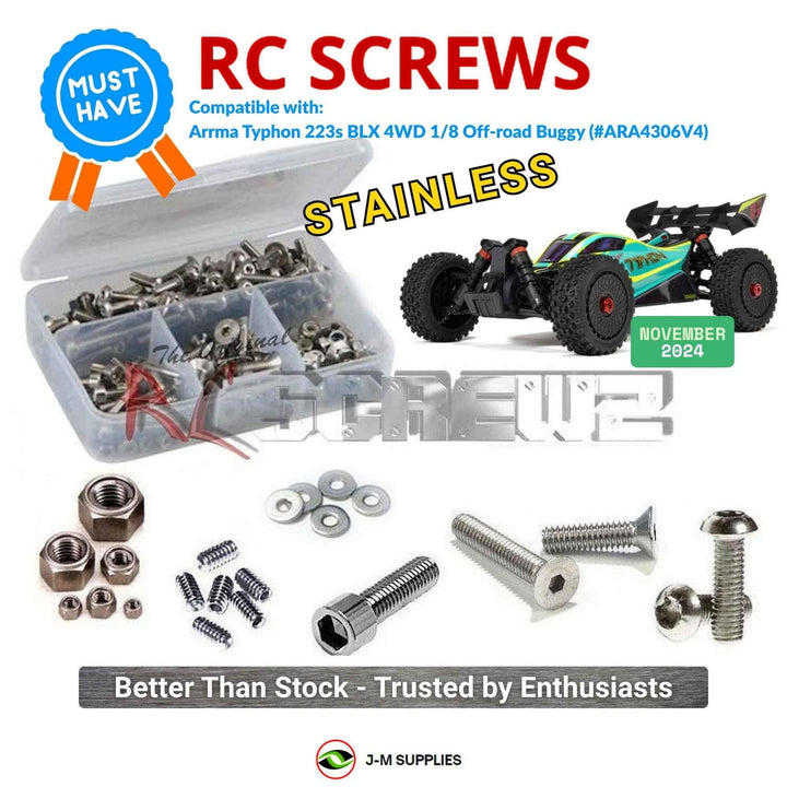 Representative image of an RCScrewZ stainless steel screw kit for ARRMA TYPHON 223S BLX 1/8 4WD Buggy (ARA4306V4); exact kit contents vary by RC model.