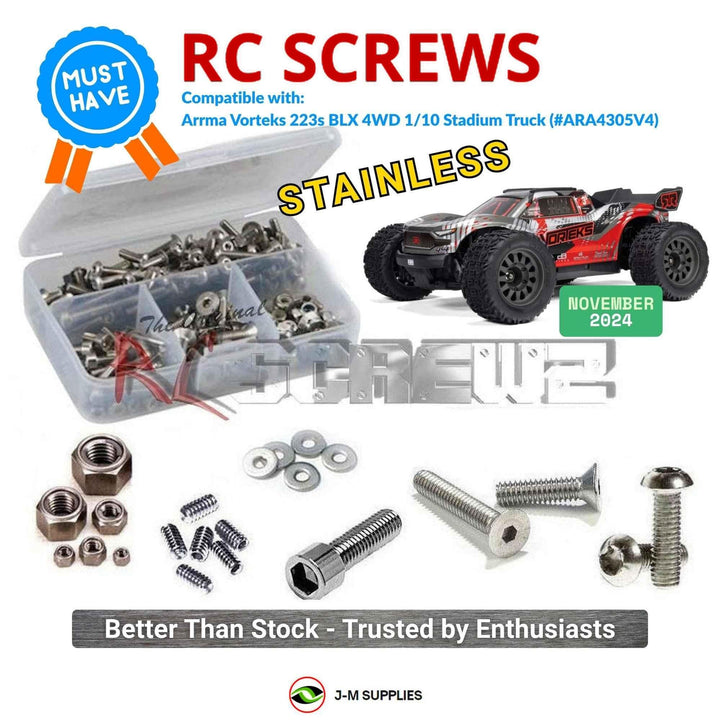 Representative image of an RCScrewZ stainless steel screw kit for ARRMA VORTEKS 223S BLX 1/10 4WD Stadium Truck (ARA4305V4); exact kit contents vary by RC model.