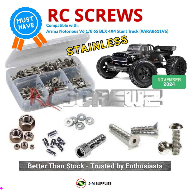Representative image of an RCScrewZ stainless steel screw kit for ARRMA NOTORIOUS 6S BLX V6 1/8 4WD Stunt Truck (ARA8611V6); exact kit contents vary by RC model.