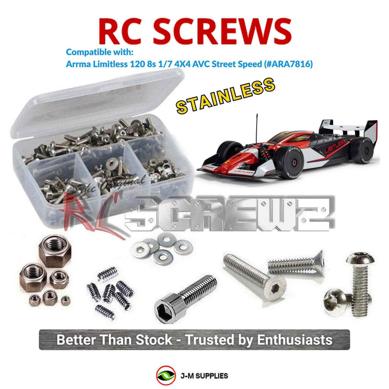 Representative image of an RCScrewZ stainless steel screw kit for ARRMA LIMITLESS 120 8S BLX 1/7 4WD Street Speed (ARA7816); exact kit contents vary by RC model.