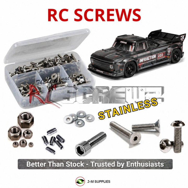 Representative image of an RCScrewZ stainless steel screw kit for ARRMA Infraction 223S DSC 1/8 4WD Street Bash Truck (ARA4315V4); exact kit contents vary by RC model.