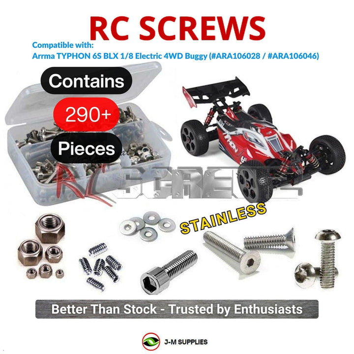 Representative image of an RCScrewZ stainless steel screw kit for ARRMA TYPHON 6S BLX 1/8 Electric 4WD Buggy (AR106028); exact kit contents vary by RC model.