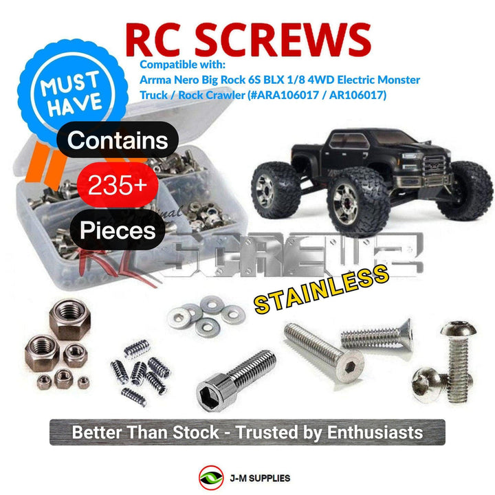 Representative image of an RCScrewZ stainless steel screw kit for ARRMA Nero Big Rock 6S BLX 1/8 4WD MT (ARA106017); exact kit contents vary by RC model.