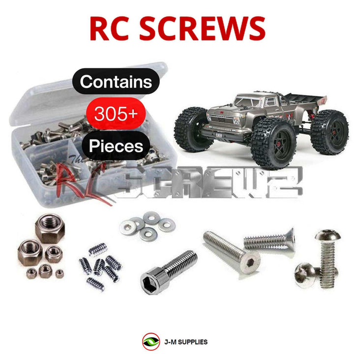 Representative image of an RCScrewZ stainless steel screw kit for ARRMA OUTCAST 6S BLX 1/8 4WD Stunt Truck (ARA106021); exact kit contents vary by RC model.