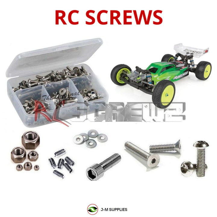 Representative image of an RCScrewZ stainless steel screw kit for Team Associated RC10B6.2D 1/10 2WD Dirt Buggy (90024); exact kit contents vary by RC model.