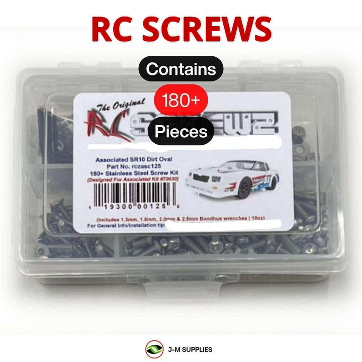Representative image of an RCScrewZ stainless steel screw kit for Team Associated SR10 Dirt Oval 1/10 2WD (70030); exact kit contents vary by RC model.
