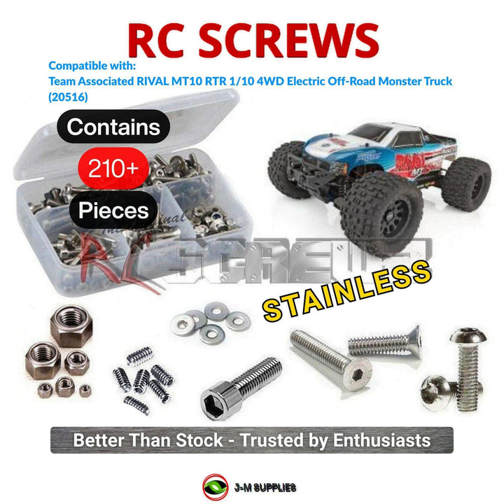 Representative image of an RCScrewZ stainless steel screw kit for Team Associated Rival MT10 RTR 1/10 4WD MT (20516, ASC20516); exact kit contents vary by RC model.