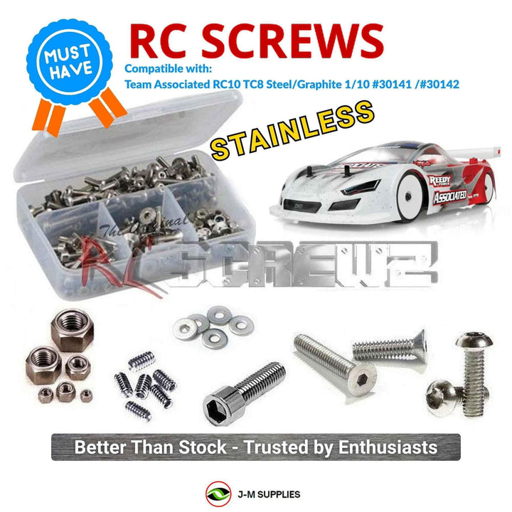 Representative image of an RCScrewZ stainless steel screw kit for Team Associated RC10TC8 1/10 4WD Touring Car (30141, 30142); exact kit contents vary by RC model.
