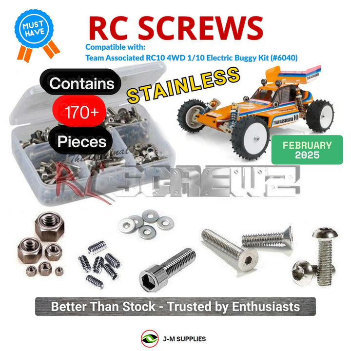 Representative image of an RCScrewZ stainless steel screw kit for Team Associated RC10 4WD Team 1/10 Buggy (6040); exact kit contents vary by RC model.