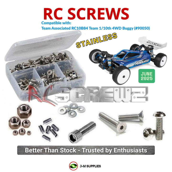 Representative image of an RCScrewZ stainless steel screw kit for Team Associated RC10B84 1/10 4WD Buggy (90050, ASC90050); exact kit contents vary by RC model.
